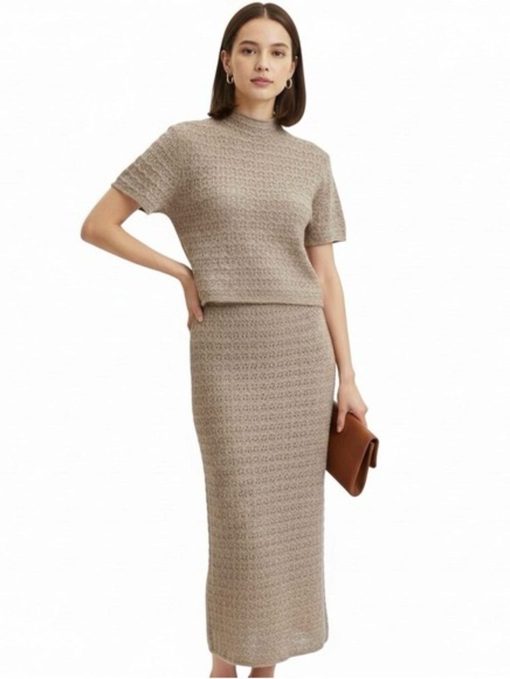 House of Harlow Tan Knit Wool Crochet Dress Maxi Skirt Crop Top Size XS